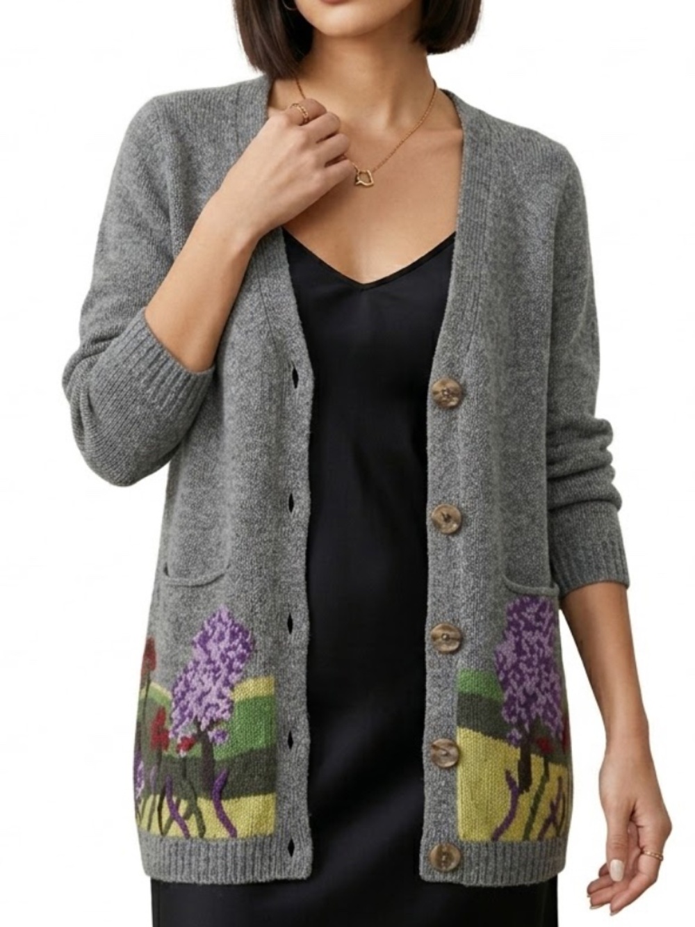 Ingrid Hass Boho Cottagecore Lambswool Embellished Floral Cardigan Sweater